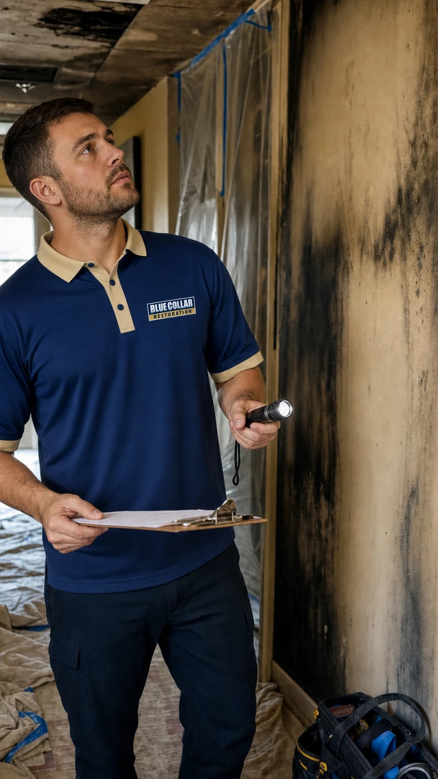 Blue Collar technician explaining light soot cleanup to a homeowner after fire damage.