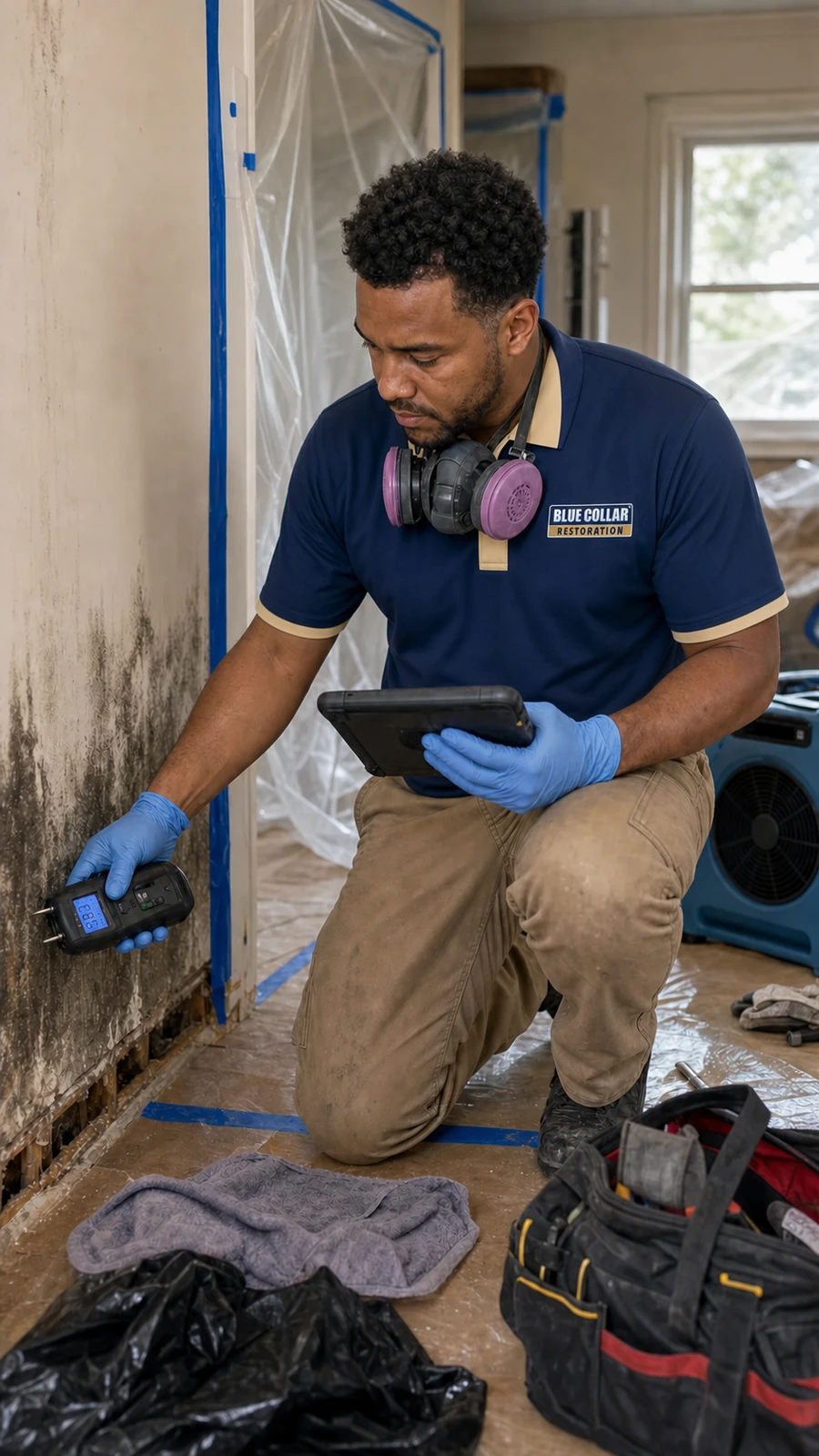 Blue Collar technician using a moisture meter near a small mold concern in a laundry room.
