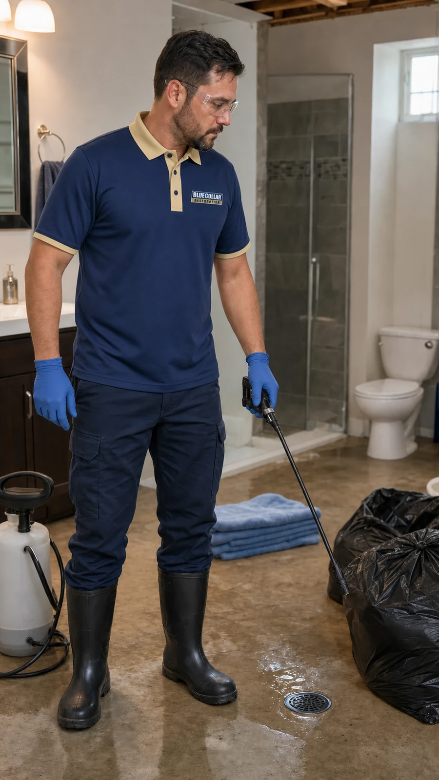 Restoration technician using protective equipment during a non-graphic sewage backup cleanup.