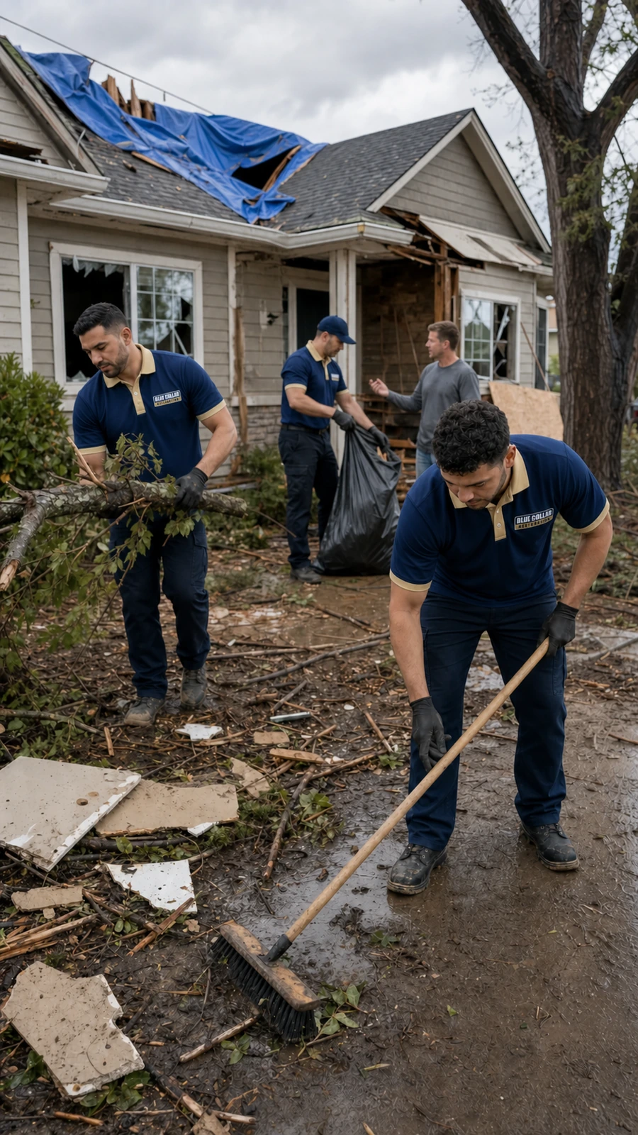 Blue Collar crew clearing storm debris from a damaged neighborhood home.
