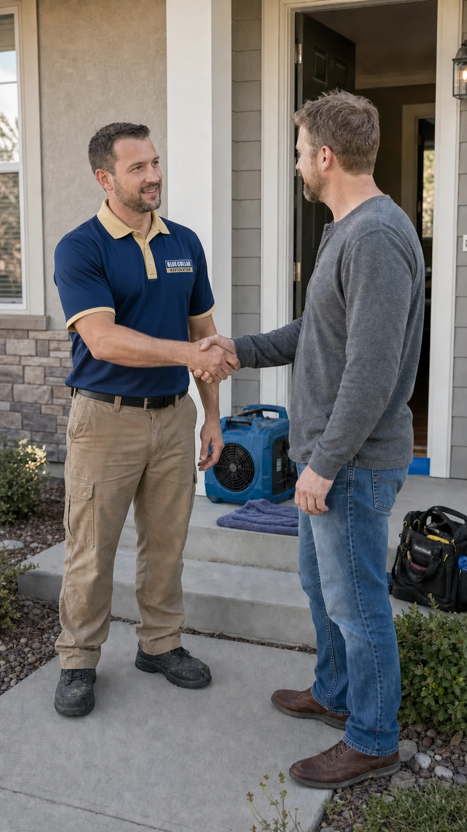 Blue Collar technician shaking hands with a homeowner outside the house.
