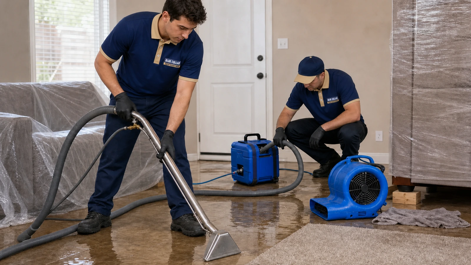 Blue Collar technician removing shallow standing water from a soaked floor.