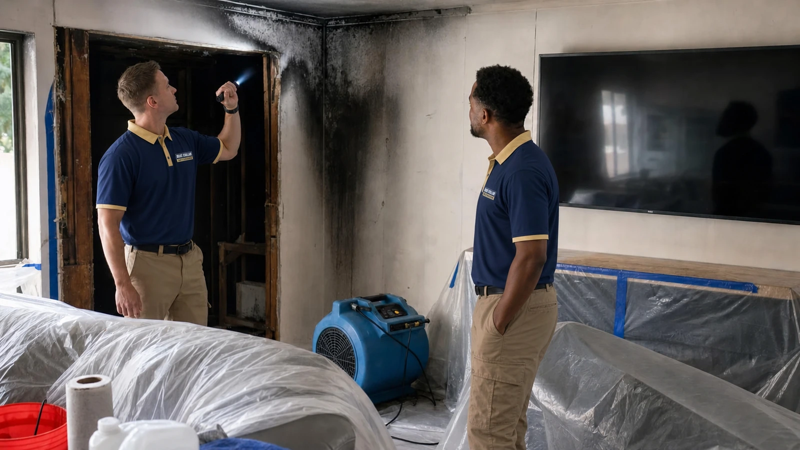 Blue Collar technician cleaning light soot from an interior wall after fire damage.