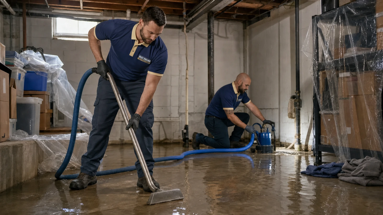 Blue Collar technician extracting shallow water from a flooded basement while a homeowner watches.
