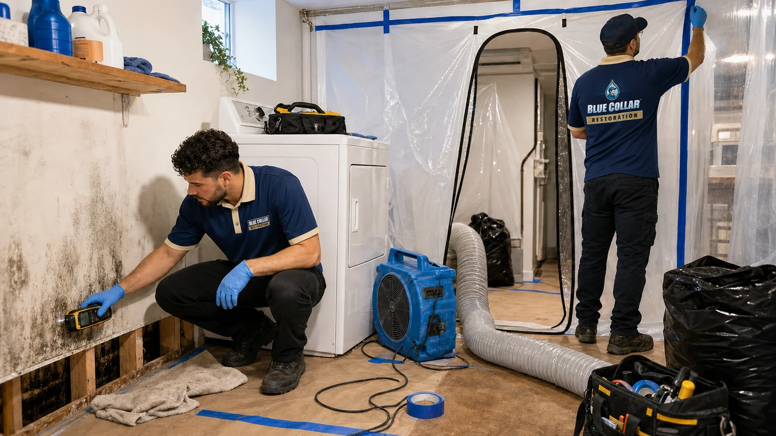 Blue Collar technician checking a small mold and moisture concern near drywall.