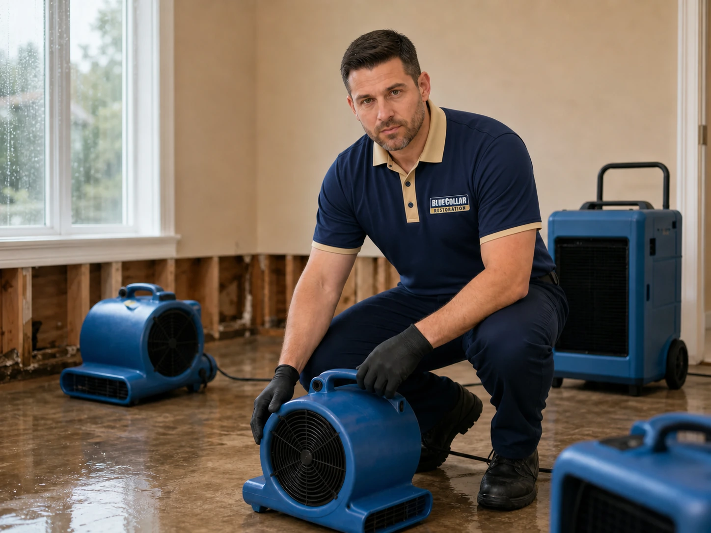Blue Collar technician ready for local restoration service work.