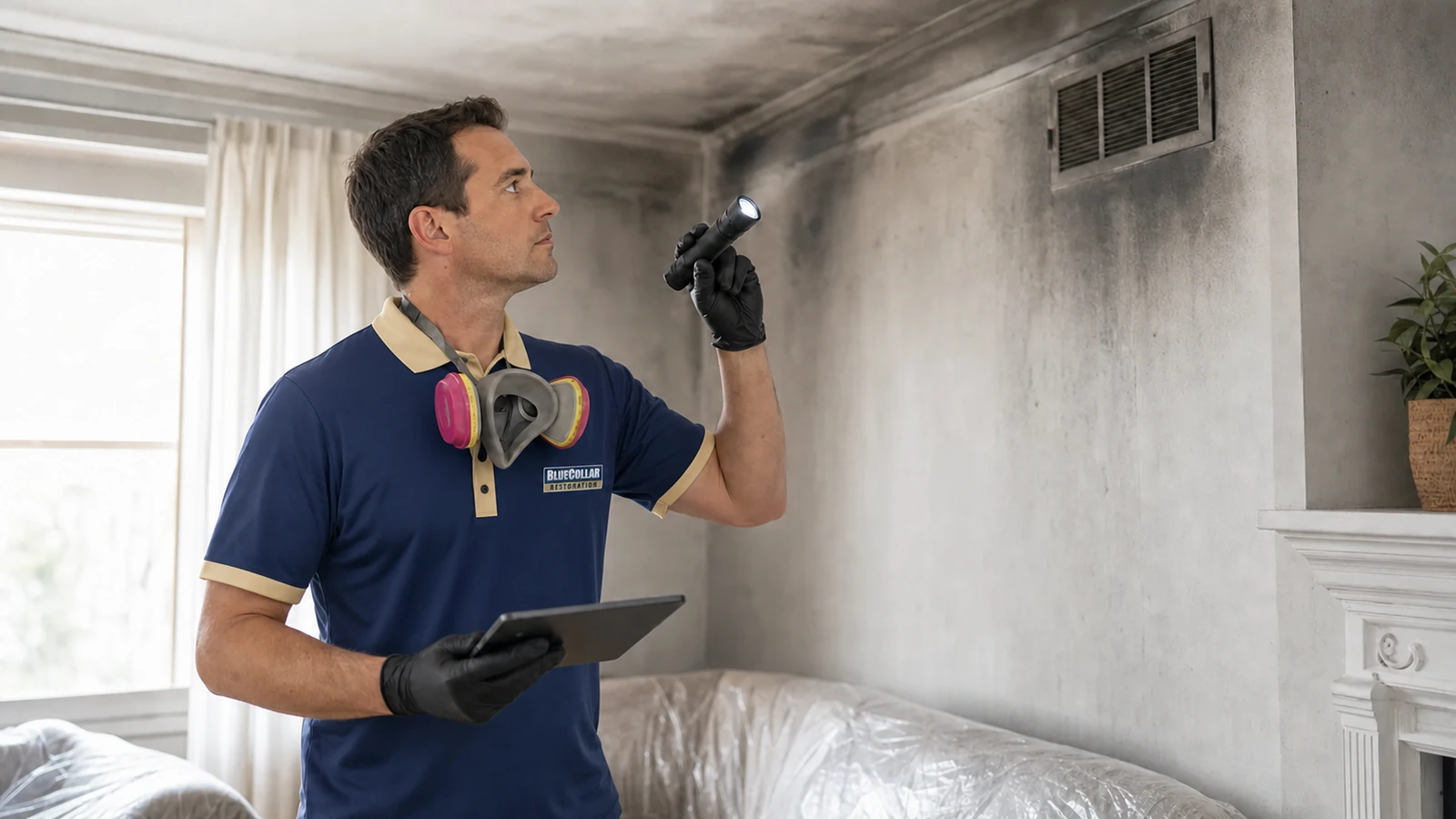 Blue Collar technician wiping light soot from an interior wall after smoke damage.