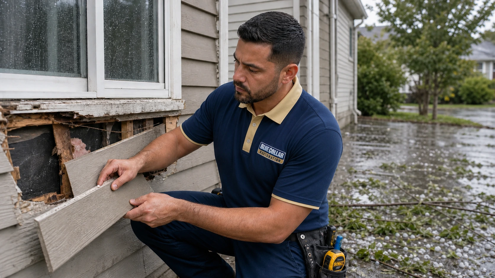 Blue Collar technician checking storm-related water staining near a window.