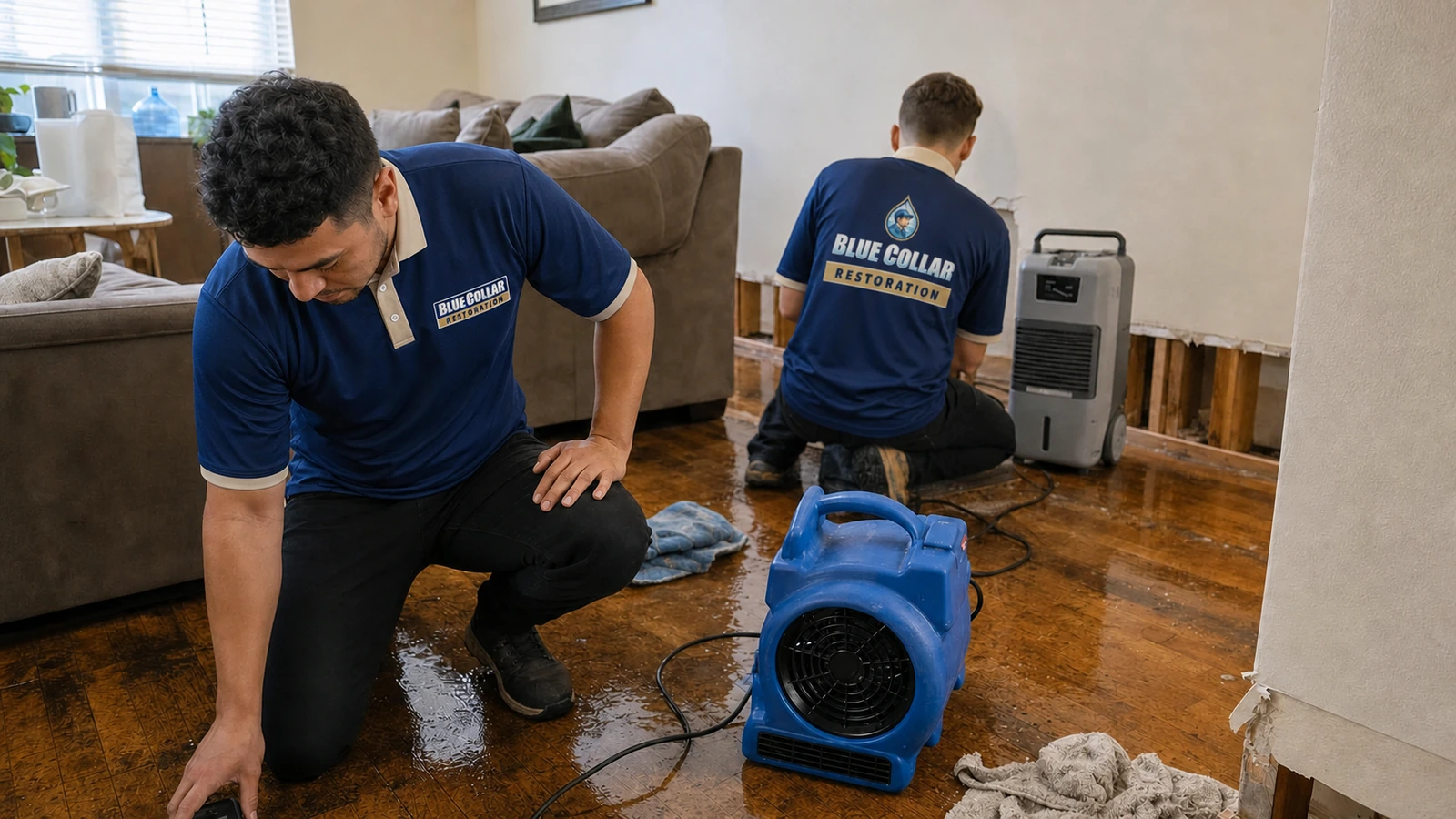 Blue Collar technician extracting water from wet flooring with drying equipment nearby.
